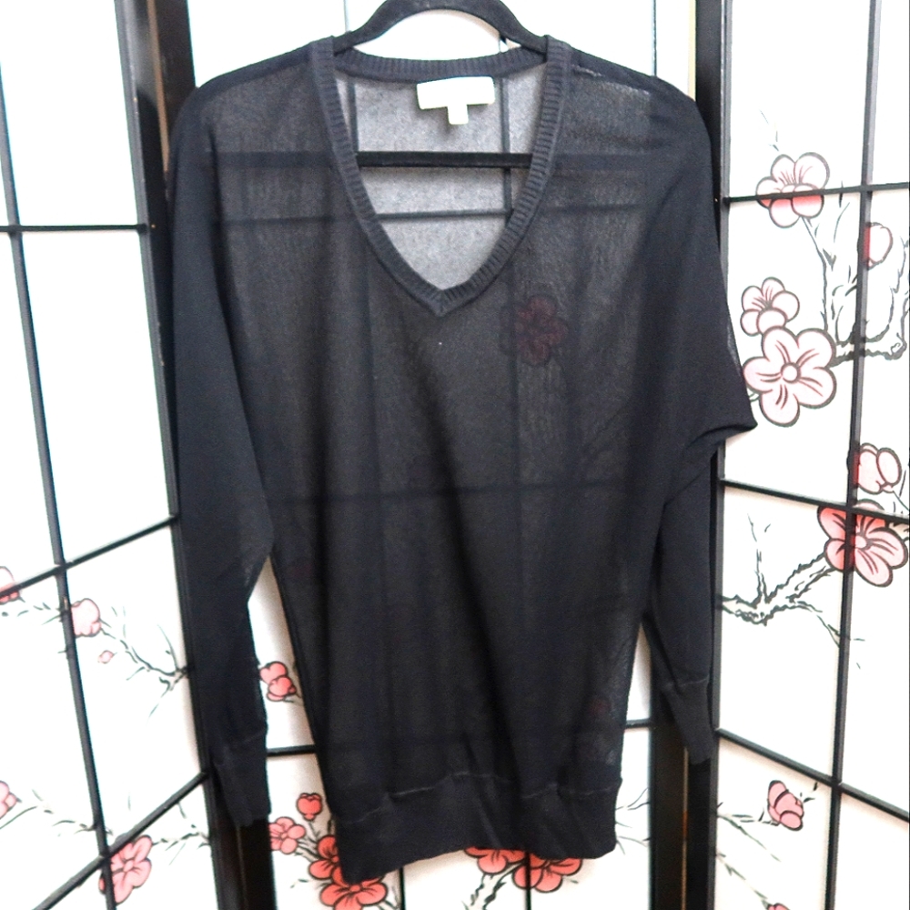Philosophy Black Sheer V Neck Mesh See Through Long Sleeve Top Small